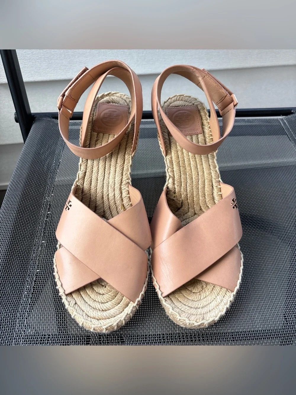 Tory Burch Tan Leather Wedge Espadrille Sandals Size 8.5